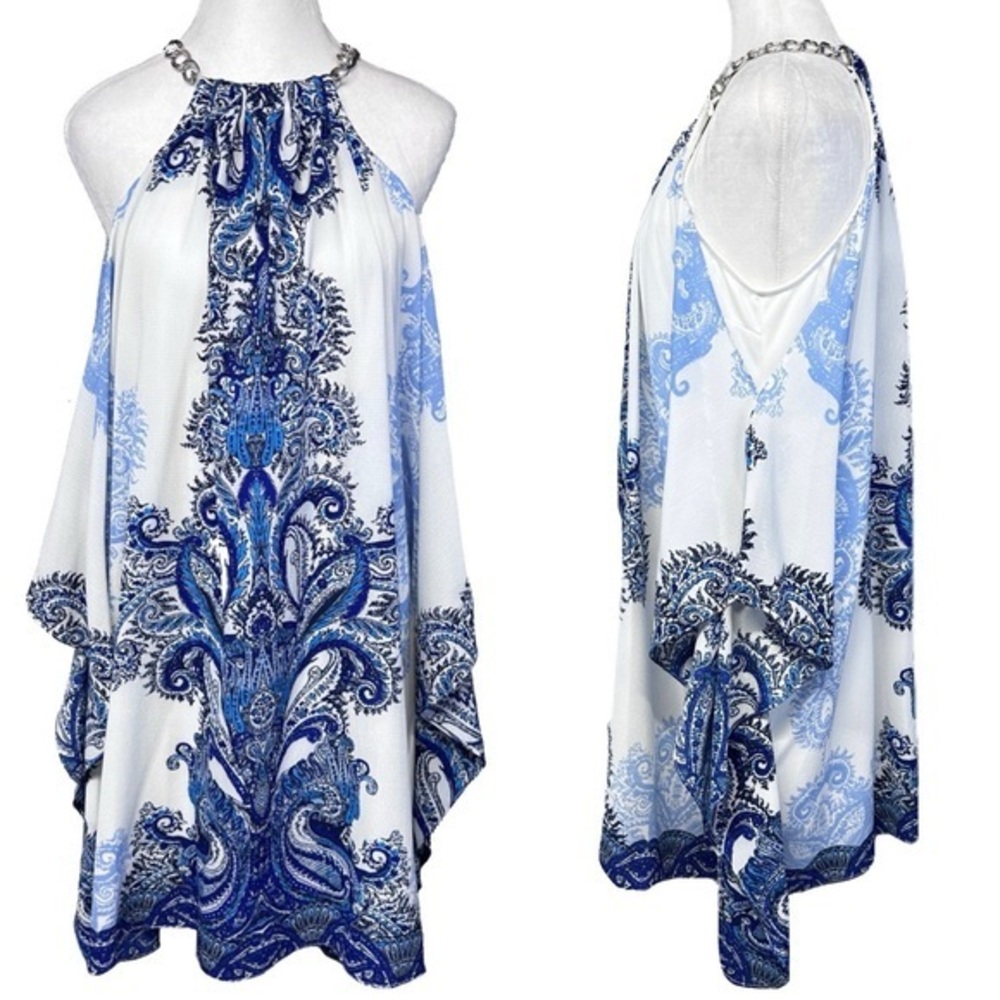 Premier Amour Paisley Blue White Cold Shoulder Handkerchief Scarf Print Dress 10